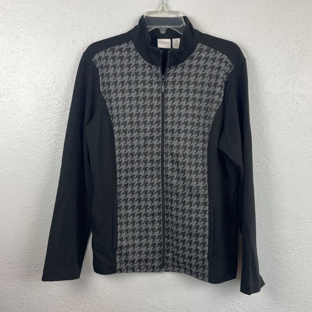 Weekends by Chico's Black Houndstooth Print Full Zip Jacket - Size L